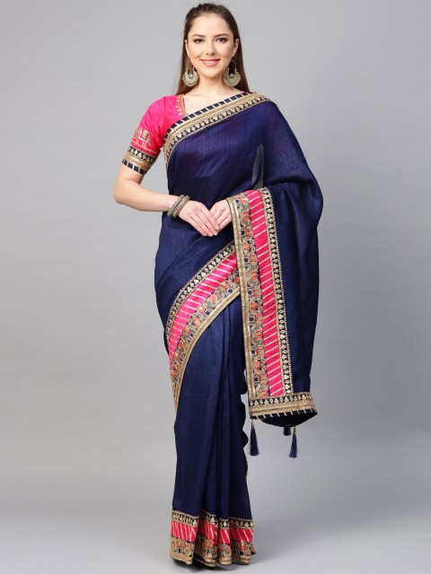 

Inddus Navy Blue & Pink Solid Saree