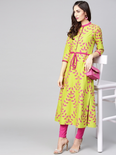 

Tulsattva Women Lime Green & Pink Printed A-Line Kurta