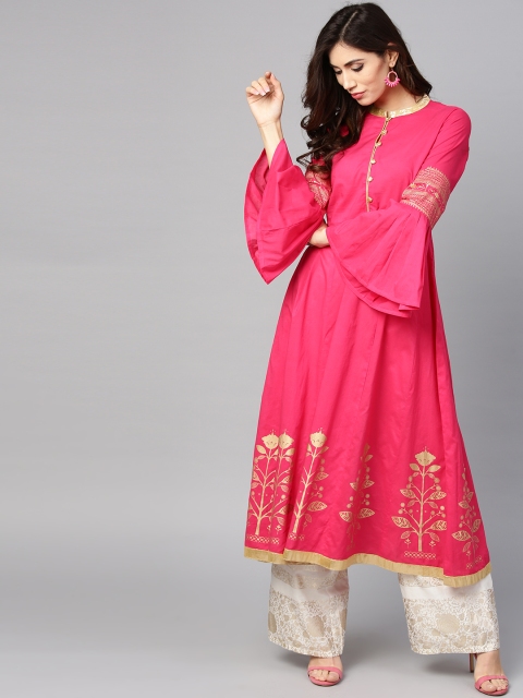 

Tulsattva Women Pink & Golden Block Print A-Line Kurta