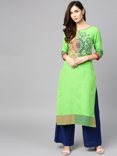 

Tulsattva Women Green Block Print Straight Kurta