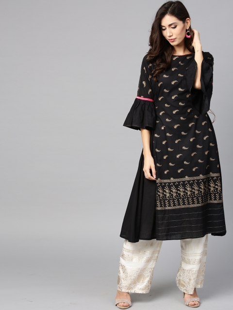 

Tulsattva Women Black & Golden Printed A-Line Kurta