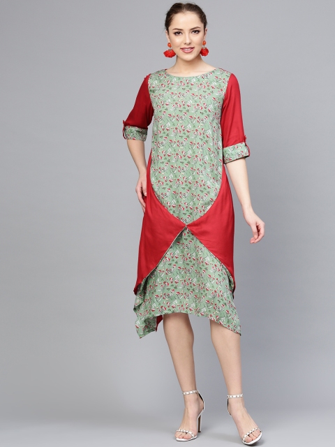 

Tulsattva Women Green & Red Printed Layered Midi A-Line Dress