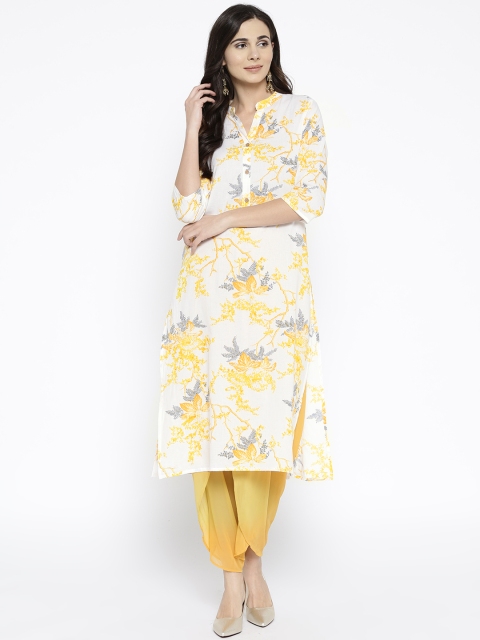 

Sringam Women White & Yellow Printed Straight Kurta