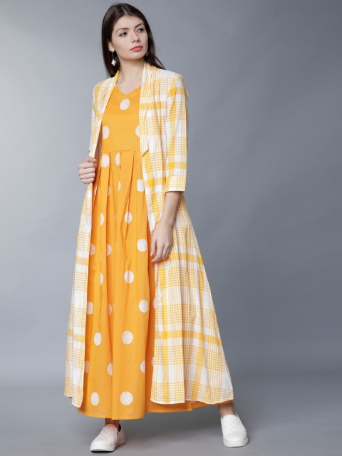

Vishudh Women Mustard And Off White Printed Maxi Dress