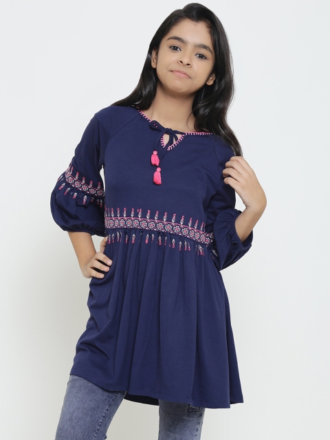 

Natilene Girls Navy Blue Embroidered Longline Peplum Top