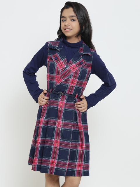 

Natilene Girls Navy Blue & Pink Checked Fit and Flare Dress with T-shirt