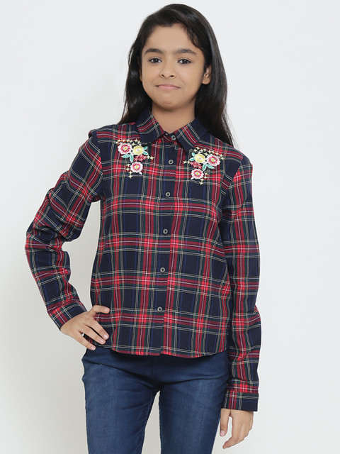 

Natilene Girls Red & Navy Blue Regular Fit Checked Casual Shirt