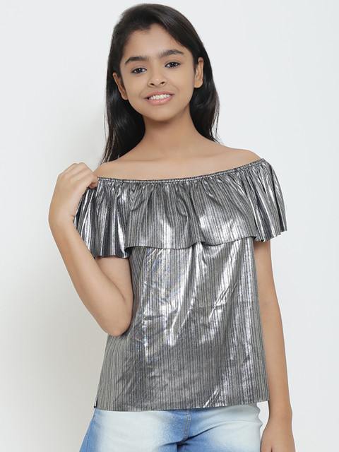 

Natilene Girls Silver-Coloured Striped Bardot Top