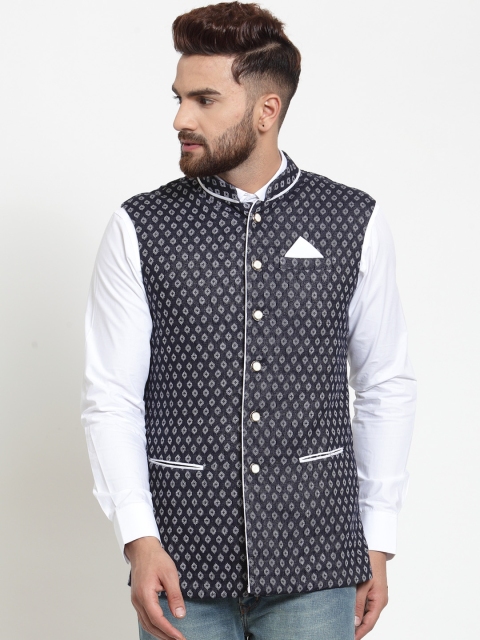 

Purple State Men Navy Blue & White Woven Design Nehru Jacket