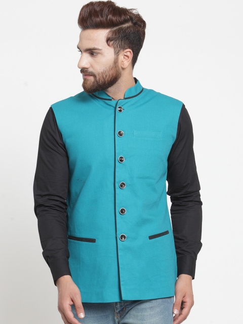 

Purple State Men Teal Blue Solid Nehru Jacket