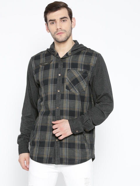 

Harley-Davidson Men Charcoal Grey Regular Fit Checked Hooded Casual Shirt