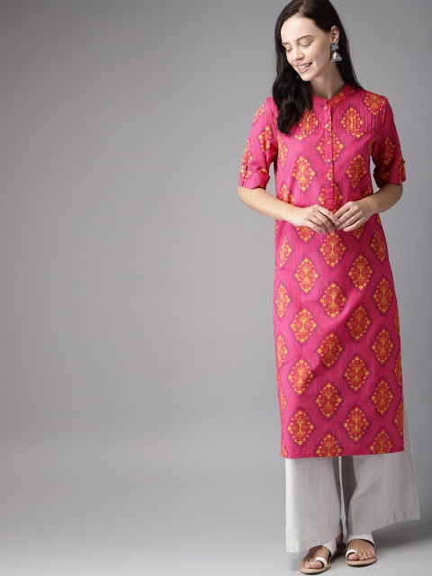 

HERE&NOW Women Pink & Yellow Printed Straight Kurta