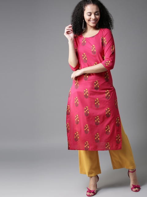 

HERE&NOW Women Pink & Yellow Printed Straight Kurta