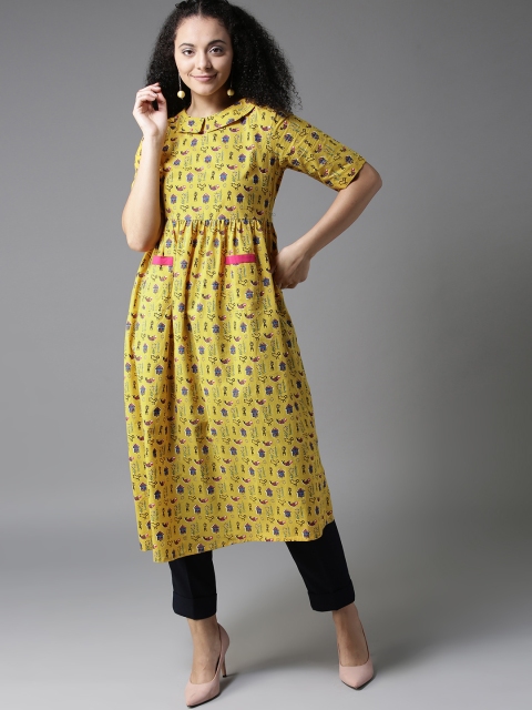 

HERE&NOW Women Mustard Yellow & Navy Blue Quirky Print A-Line Kurta