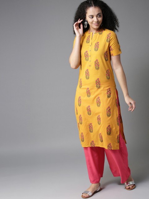 

HERE&NOW Women Yellow & Pink Printed Straight Kurta