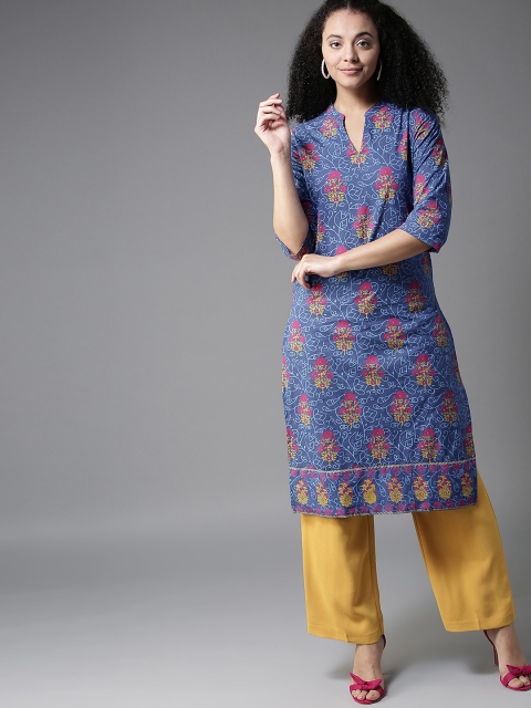 

HERE&NOW Women Blue & Pink Printed Straight Kurta