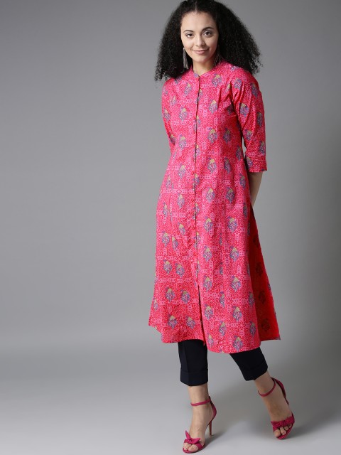 

HERE&NOW Women Pink & Blue Printed A-Line Kurta