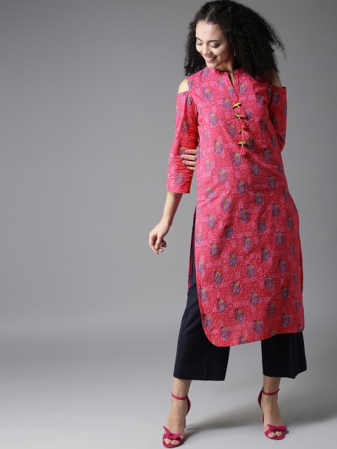 

HERE&NOW Women Pink & Blue Printed Straight Kurta