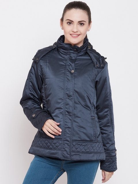 

Duke Women Navy Blue Solid Jacket with Detachable Hood