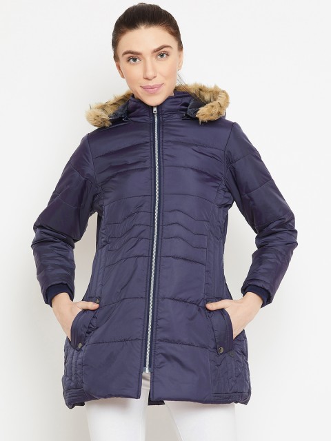 

Duke Women Navy Blue Solid Parka Jacket with Detachable Hood