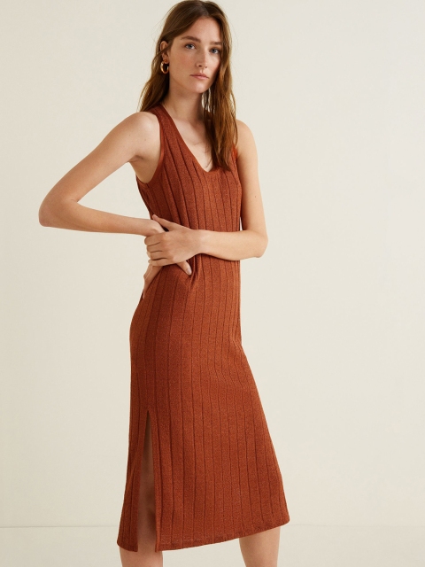 

MANGO Women Rust Brown Striped Sheath Dress