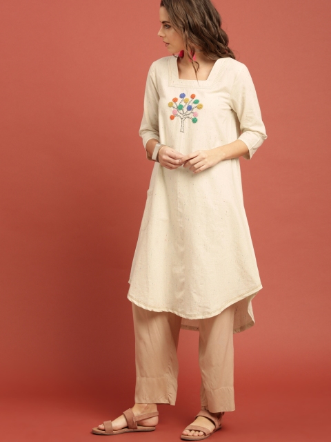 

Taavi Women Off-White Embroidered Kantha A-Line Sustainable Kurta with High-Low Curved Hem