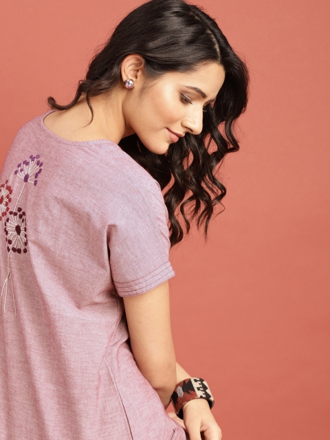

Taavi Women Mauve Solid Kantha A-Line Kurta with Pockets & Back Embroidered