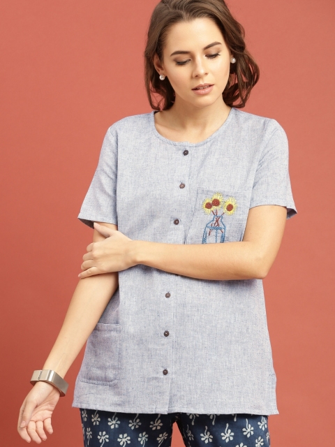 

Taavi Women Blue Solid Kantha Sustainable Top with Pockets & Embroidered Detail