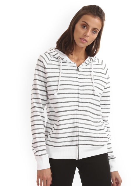 

U.S. Polo Assn. Women White & Grey Striped Hooded Sweatshirt