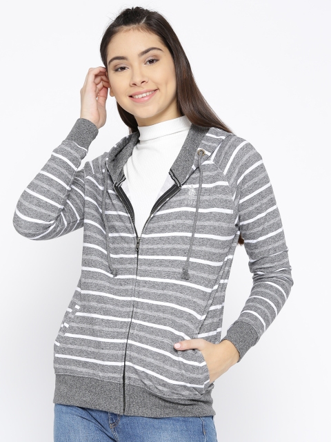 

U.S. Polo Assn. Women Women Grey Striped Hooded Sweatshirt