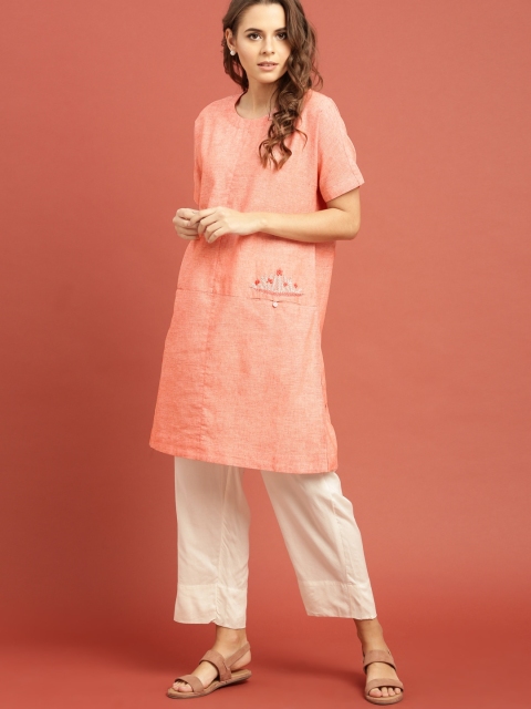 

Taavi Women Peach-Coloured Solid Kantha Sustainable Tunic with Pockets & Embroidered Detail