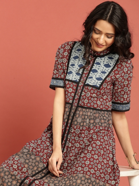 

Taavi Women Maroon & Black Ajrakh Hand Block Print A-Line Midi Sustainable Dress with Gathers