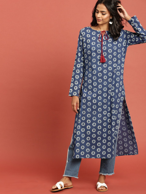 

Taavi Women Blue Printed Indigo Block Print Sustainable A-Line Kurta