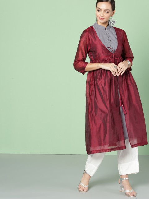 

House of Pataudi Women Maroon & Grey Solid A-Line Kurta