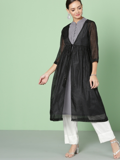 

House of Pataudi Women Black & Grey Solid A-Line Kurta
