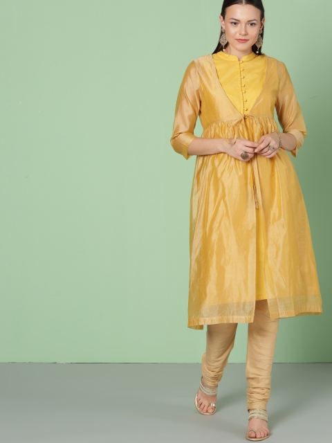 

House of Pataudi Women Mustard Yellow Solid A-Line Kurta
