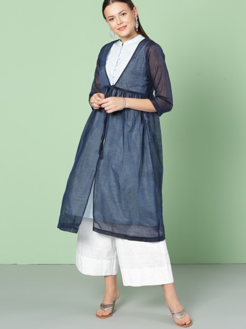 

House of Pataudi Women Navy Blue Solid Layered A-Line Kurta