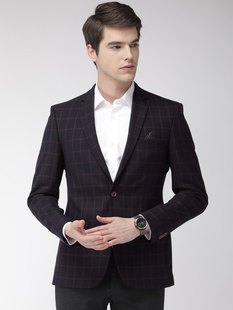 

Park Avenue Men Navy Blue & Pink Checked Super Slim Fit Single-Breasted Formal Blazer