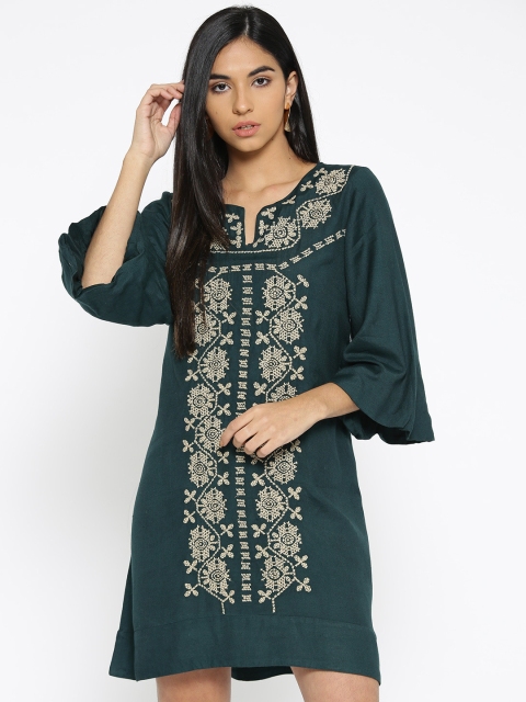 

SCOUP Women Teal Green & Off-White Embroidered Shift Dress