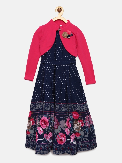 

Peppermint Girls Navy Blue Printed Fit and Flare Dress With Shrug