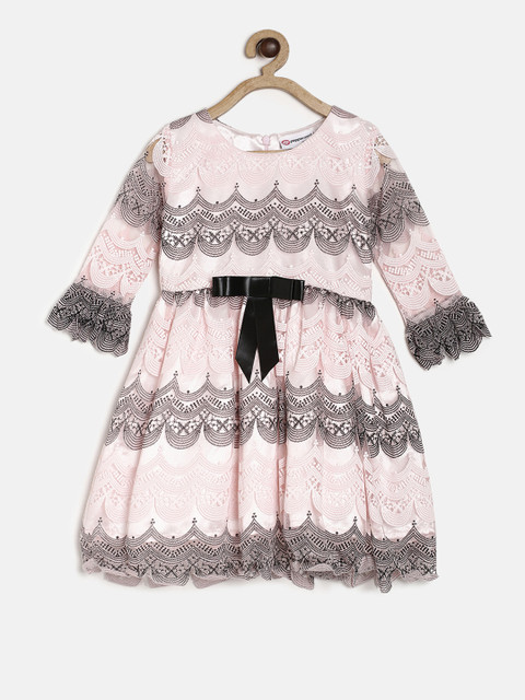 

Peppermint Girls Peach & Black Self Design Fit and Flare Dress