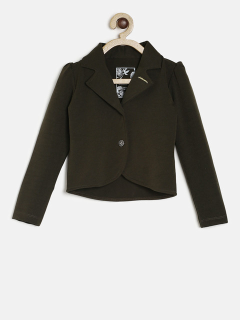 

Peppermint Girls Olive Green Solid Button Shrug
