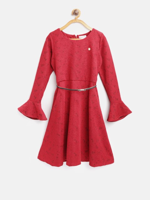 

Peppermint Girls Red Self-Design Fit & Flare Dress
