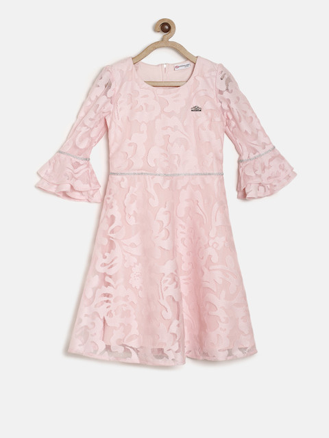 

Peppermint Girls Peach-Coloured Self Design Fit and Flare Dress