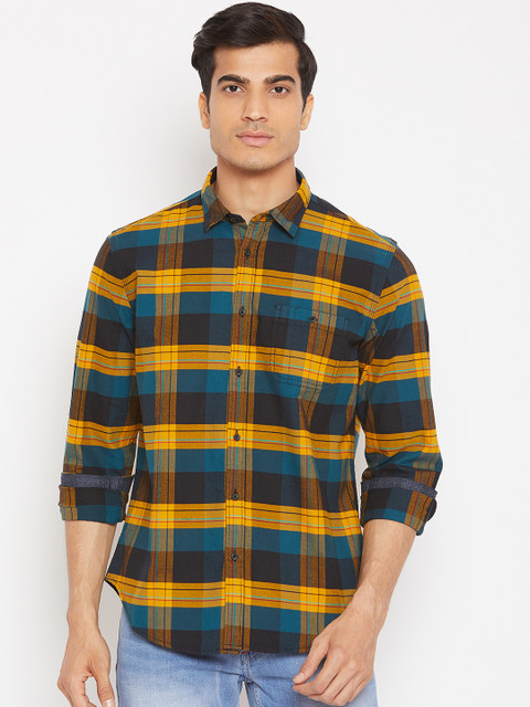 

Blackberrys Men Teal Green & Mustard Yellow Slim Fit Checked Casual Shirt