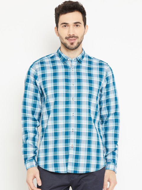 

Blackberrys Men Teal Blue & White Slim Fit Checked Casual Shirt