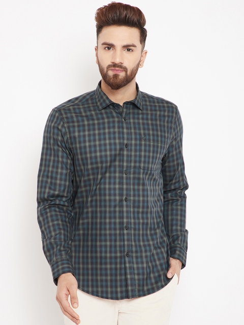 

Blackberrys Men Navy Blue & Olive Green Slim Fit Checked Casual Shirt