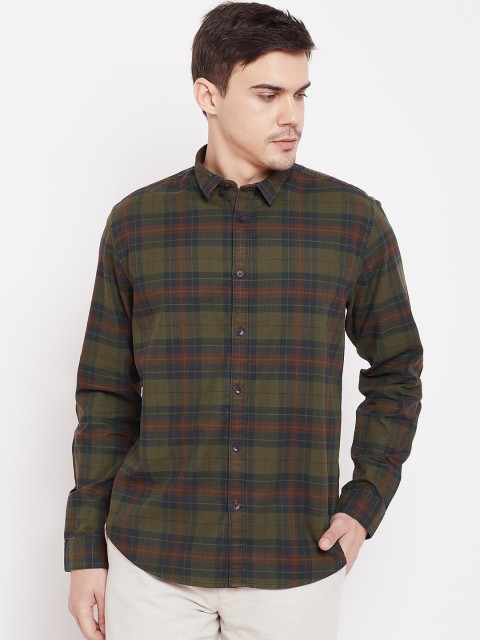 

Blackberrys Men Olive Green Slim Fit Checked Casual Shirt