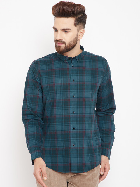 

Blackberrys Men Teal Green & Burgundy Slim Fit Checked Casual Shirt
