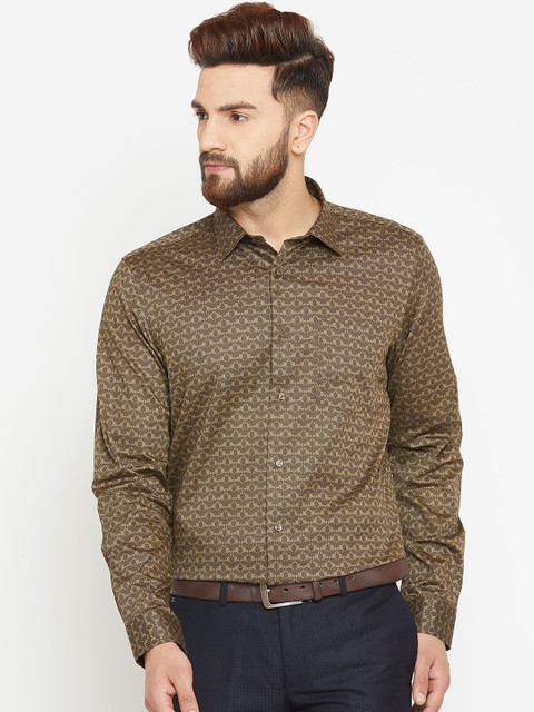

Blackberrys Men Olive Brown Slim Fit Printed Partywear Shirt
